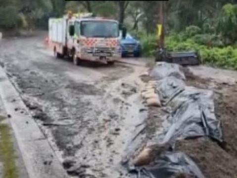 Sandbagging and earthworks placed by the State Emergency Service in Plateau Rd, Avalon on Sunday to divert rainwater run-off from properties on a strip of the street undergoing roadworks. Picture: SES Warringah/Pittwater Unit