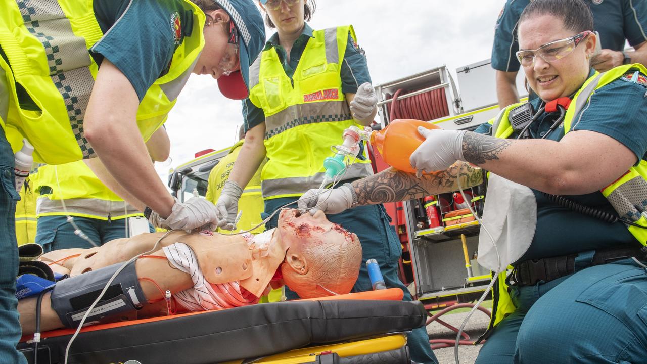 Student critical care paramedic Jody Fiegert takes part in the trauma response training exercise at the Queensland Fire and Emergency Services Charlton Station on Thursday. Picture: Nev Madsen.