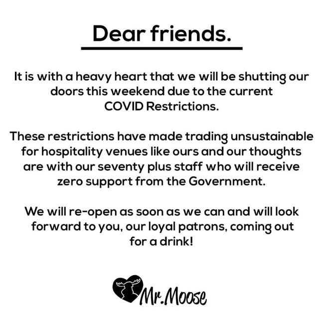 Mooseheads nightclub announces it will close indefinitely.