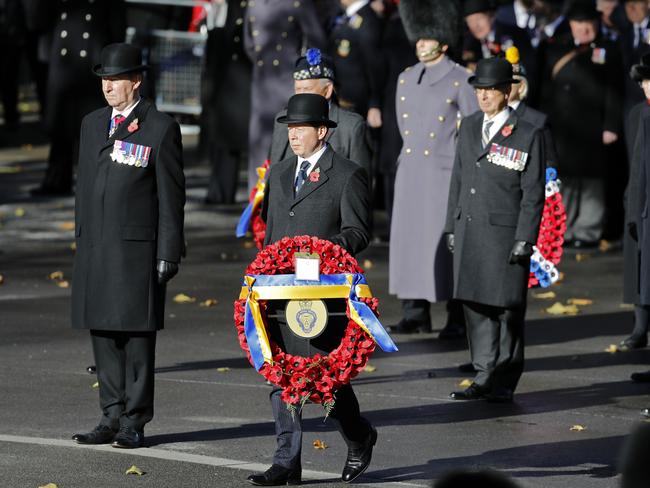 The Royal British Legion poppy wreath is laid during the Remembrance Sunday ceremony. Picture: AFP