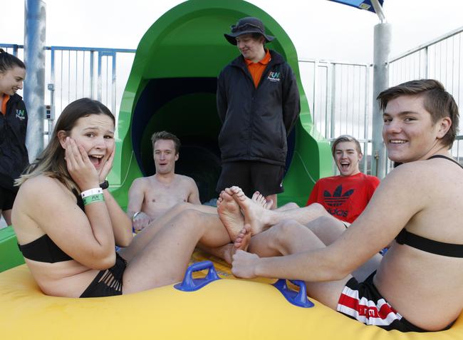 South Morang's Shelby Coall and her friends were the first group to experience the Gravity Wave slide. Picture: Submitted