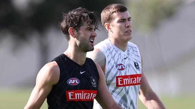 Brodie Grundy, left, hit the ground running against the Dockers. Picture: Michael Klein