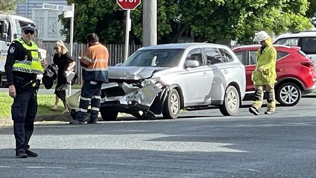 Emergency crews attended to a two vehicle crash at Bridge Rd and Field St in West Mackay on Wednesday, April 17, 2024. Picture: Fergus Gregg