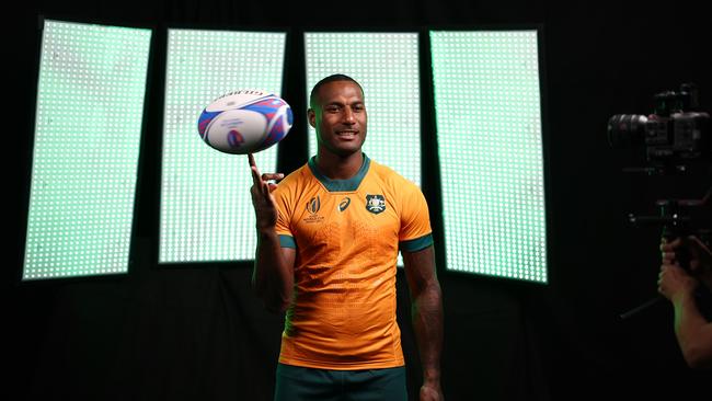 SAINT-ETIENNE, FRANCE - AUGUST 30: Suliasi Vunivalu of the Wallabies is photographed behind the scenes during the World Rugby portrait session during the Rugby World Cup France 2023, at Saint-Galmier on August 30, 2023 in Saint-Etienne, France. (Photo by Chris Hyde/Getty Images)