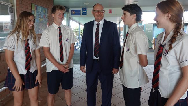 Bishop Druitt College Year 10 students Molly Williams, Tom Couper, Jaxon Donoghue and Ruby Smith with principal Nick Johnstone (centre). Picture: Chris Knight