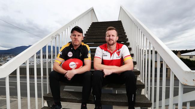 Trent Baumeler Tigers coach and Jeromey Webberley Clarence coach ahead of the Tasmanian State League Road Safety Awareness week. Picture: NIKKI DAVIS-JONES