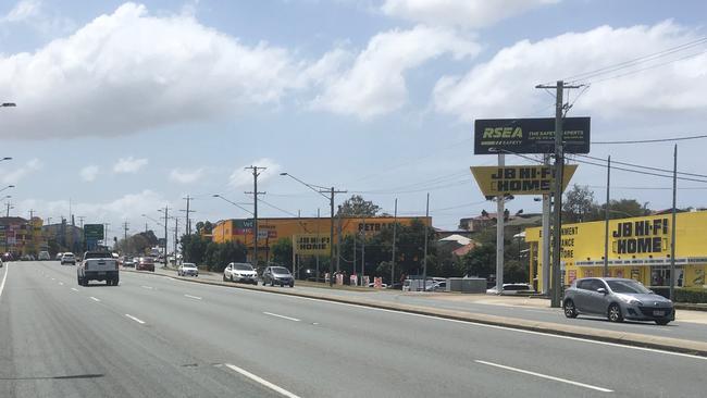 Direct access to JB Hi-Fi will be cut off when the Northern Transitway is constructed. Customers will be forced to perform a U-turn at Rode Rd, Kedron or use the backstreets to access the retail giant. Picture: Darren Cartwright