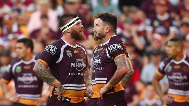 BRISBANE, AUSTRALIA - SEPTEMBER 09: Josh McGuire and Darius Boyd of the Broncos look on after a Dragons try during the NRL Elimination Final match between the Brisbane Broncos and the St George Illawarra Dragons at Suncorp Stadium on September 9, 2018 in Brisbane, Australia. (Photo by Chris Hyde/Getty Images)