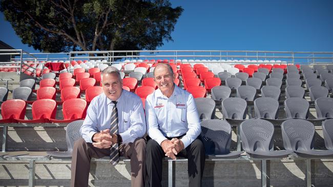 Redcliffe Dolphins' chief executive Tony Murphy and chairman Bob Jones in the new eastern grandstand.