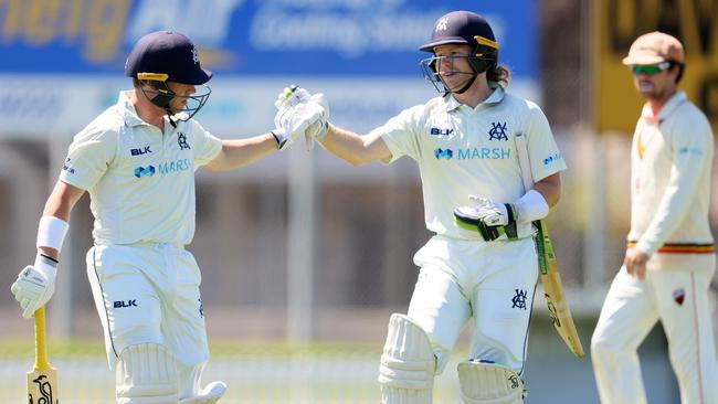 Victorian openers Marcus Harris, left, and William Pucovski who shared a record Sheffield Shield partnership against South Australia