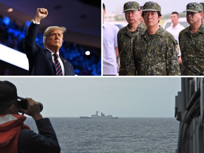 Donald Trump, Taiwan President Lai Ching-te, and a Taiwanese navy sailor monitors a Chinese navy warship in August 2023.