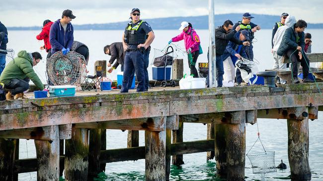 Police shut down Rye pier on the Mornington Peninsula in Victoria after large crowds went fishing without observing social-distancing rules Picture: Mark Stewart