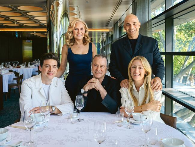 EMBARGO FOR WISH MAGAZINE. 04 OCTOBER 2024. Neil Perrys celebrated culinary cluster in Sydneys Eastern Suburbs expands with Chinese restaurant Song Bird. Neil Perry (centre) with wife Samantha (rear) and (from left) industrial designer David Caon and architectural and interior design team Vince Alafaci and Caroline Choker of ACME. Photo: Hugh Stewart