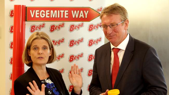 Now-former Mondelez president Amanda Banfield with Bega Cheese CEO Barry Irvin at the Vegemite factory in Melbourne, after the sale of Mondelez's grocery business, including Vegemite, to Bega Cheese. Picture: Stuart McEvoy