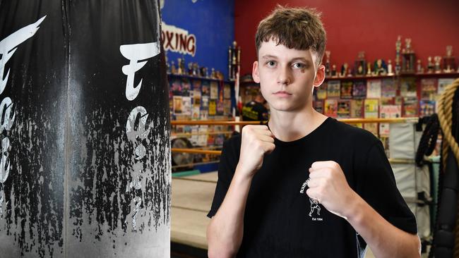 Fighter Jake Hatfield, 15, will be competing at the National Muay Thai Champs in March. Picture: Patrick Woods.