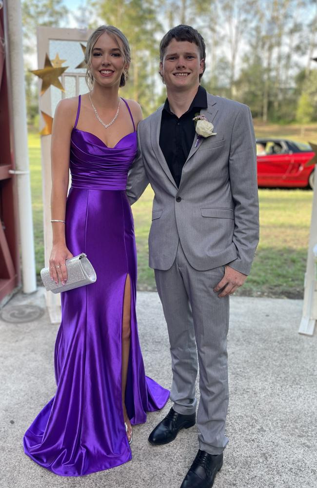 Brydie Norris and Jake Rooks arrive at the 2024 Gympie State High School graduation formal.