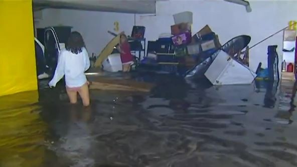 Inside the flooded car park at a Mt Coolum apartment block. Picture: 7 News Sunshine Coast