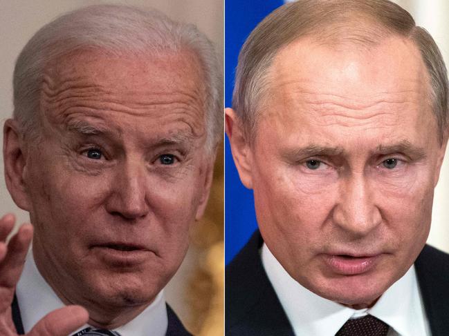 (COMBO) This combination of file pictures created on March 17, 2021 shows US President Joe Biden (L) speaking at White House in Washington, DC on March 15, 2021, and Russian President Vladimir Putin speakins at a press conference in Moscow on March 5, 2020. - The US announced economic sanctions against Russia on April 15, 2021, and the expulsion of 10 diplomats in retaliation for what Washington says is the Kremlin's US election interference, a massive cyber attack and other hostile activity. President  Biden's executive order "sends a signal that the United States will impose costs in a strategic and economically impactful manner on Russia if it continues or escalates its destabilizing international action," the White House said. (Photos by Eric BARADAT and Pavel Golovkin / various sources / AFP)