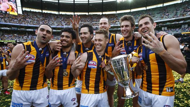 Four-time premiership stars Cyril Rioli, Jordan Lewis, Sam Mitchell, Jarryd Roughead, Grant Birchill, and Luke Hodge, while Shaun Burgoyne won his first at Port Adelaide before three at the Hawks. Picture: Wayne Ludbey