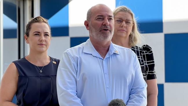 Chief Minister Lia Finocchiaro, Treasurer Bill Yan and Attorney-General Marie-Clare Boothby announce a record law and order budget outside Casuarina Police Station on Friday, May 3. Picture: Fia Walsh.