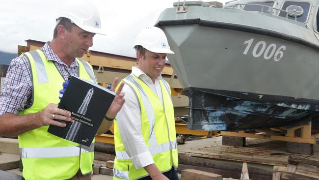 Barron River MP Craig Crawford and Deputy Premier Steven Miles at the Tropical Reef Shipyard following the release of the Cairns Marine Precinct Infrastructure Investment Business Case on Friday. Picture: Peter Carruthers