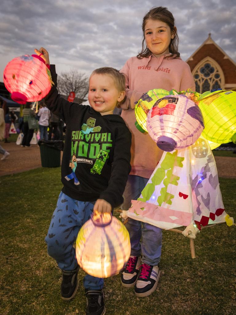 Shaun Meddings and Issabelle Hobbs at Multicultural Australias Luminous Lantern Parade in the grounds of Empire Theatres, Saturday, August 12, 2023. Picture: Kevin Farmer