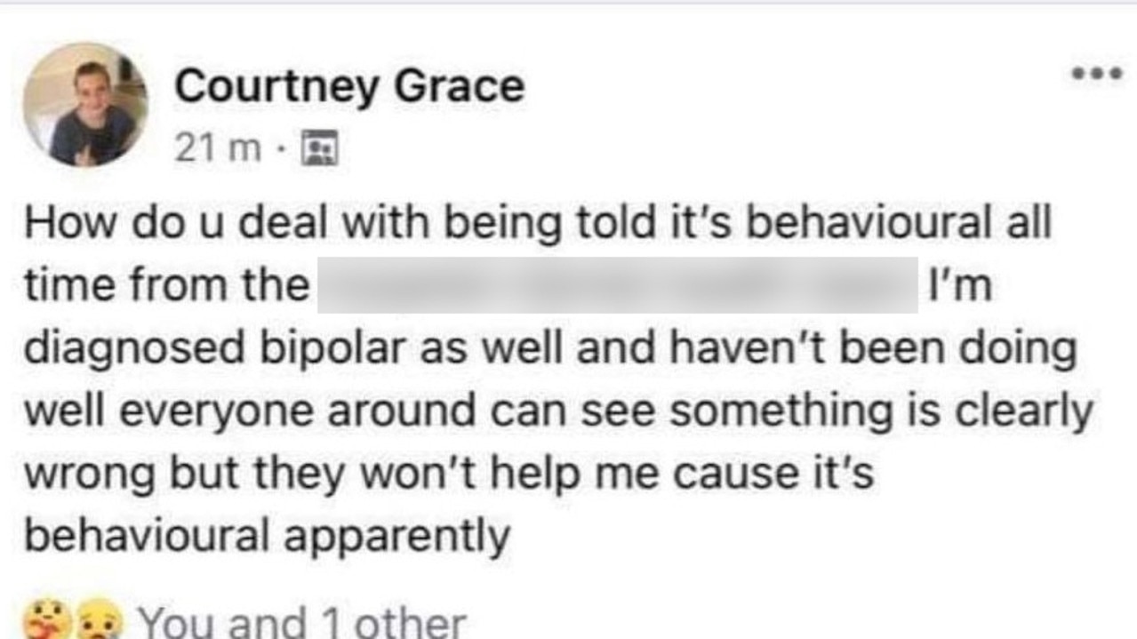 Courtney Morison posted a status to Facebook detailing how Townsville University Hospital didn't take her mental health problems seriously.