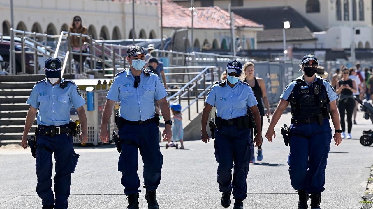 NSW Police officers patrol Bondi Beach in Sydney a week before the vaccination mandate for the force. Picture: NCA NewsWire/Bianca De Marchi