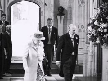 The Queen and Prince Philip arrive at Prince Harry and Meghan Markle's wedding. The Queen warned the photographer to be quick. Picture: Netflix