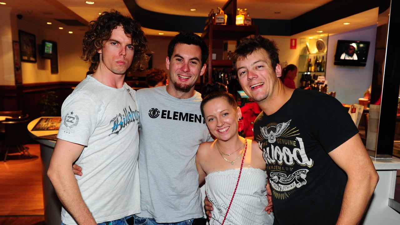 AFTER DARK: (L-R) Andrew McDonald, Sam Lawton, Rachel Rosenlund and Rohan Phelps enjoying the night at The Grand Hotel, Gladstone. Photo Tom Huntley / The Observer