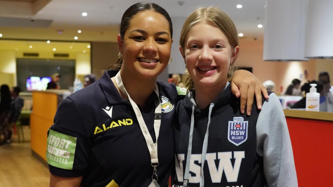 Kennedy Cherrington meets a young fan, Ruby, with a congenital heart condition just like her, during a recent visit to Ronald McDonald House at Westmead. Picture: Parramatta Eels