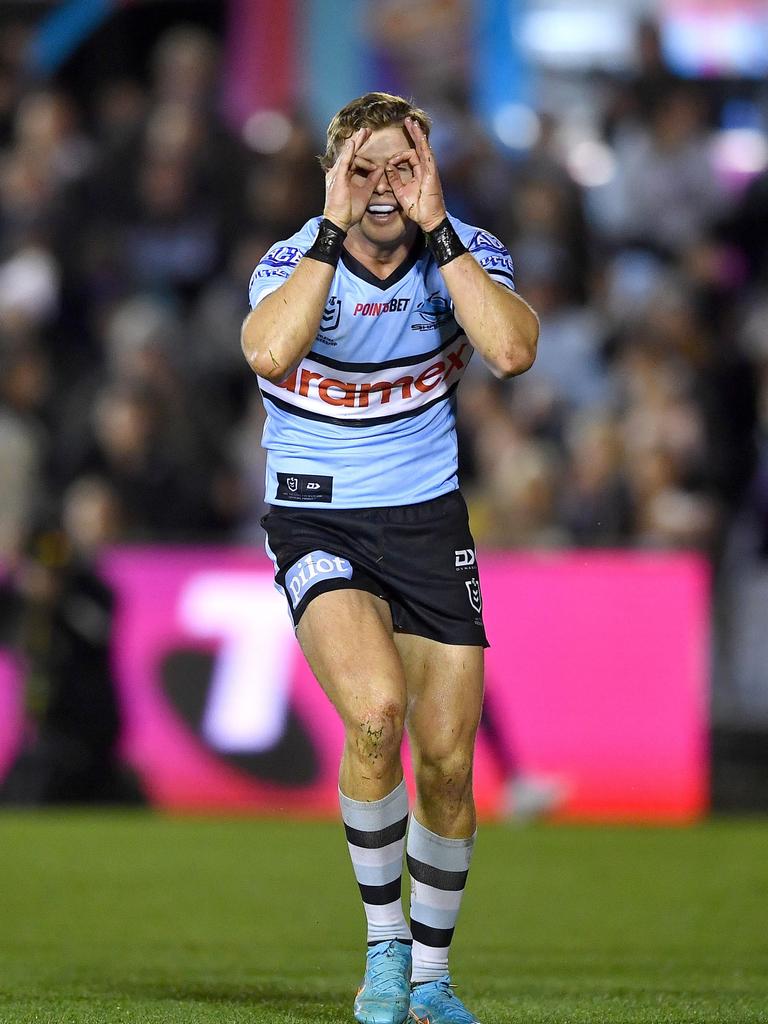 Cronulla Sharks star Blayke Brailey celebrates a try. Picture: NRL Photos