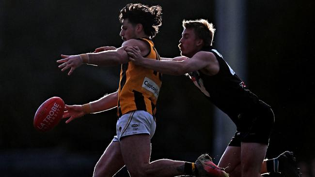 Lower PlentyÃs Corey Sleep and St MaryÃs Huon Macgibbon during the NFL football match between Lower Plenty and St MaryÃs in Montmorency, Saturday, June 4, 2022. Picture: Andy Brownbill