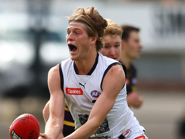 Reef Page was strong up forward for the Falcons. Picture: Graham Denholm/AFL Photos