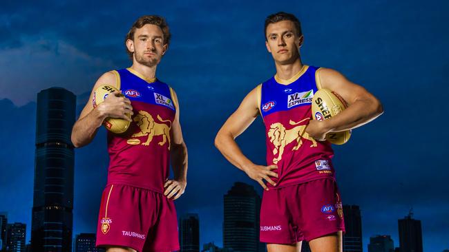 AFL FINALS.Brisbane Lions players Harris Andrews and Hugh McCluggage pictured at Kangaroo Point.Picture: NIGEL HALLETT