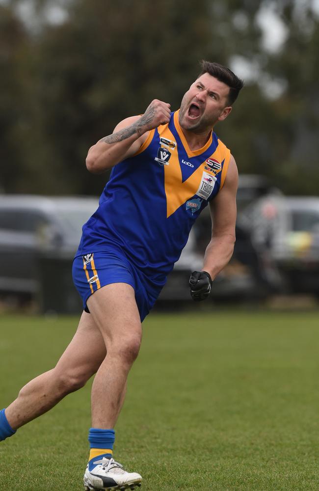 Marc Holt celebrates one of his 943 goals for Cranbourne. Picture: Chris Eastman