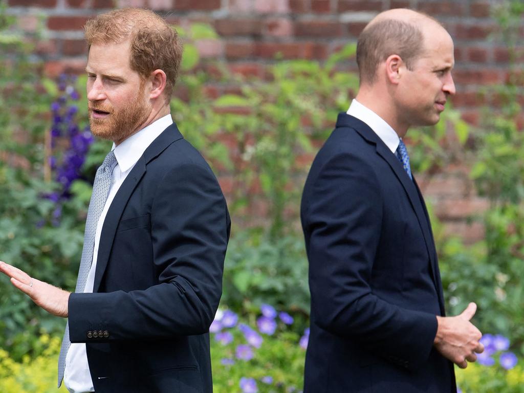 Prince Harry and Prince William attend the unveiling of a statue of their mother, Princess Diana at The Sunken Garden in Kensington Palace, London on July 1, 2021. Picture: Dominic Lipinski/AFP.