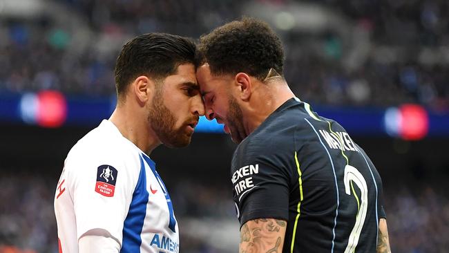 (L-R) Alireza Jahanbakhsh of Brighton and Hove Albion clashes with Kyle Walker of Manchester City. Picture: Michael Regan/Getty Images