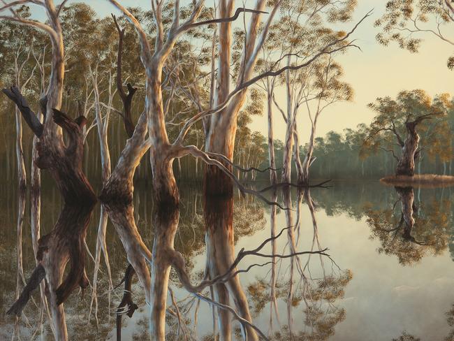 Detail from Lin Onus’s painting Floodwater ‘Woorong Nucko’, 1995, from the Carrillo and Ziyin Gantner Collection