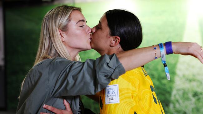 Sam Kerr and Kristie Mewis, seen here celebrating an Australian victory at this year’s World Cup, have confirmed their engagement. (Photo by Elsa - FIFA/FIFA via Getty Images)