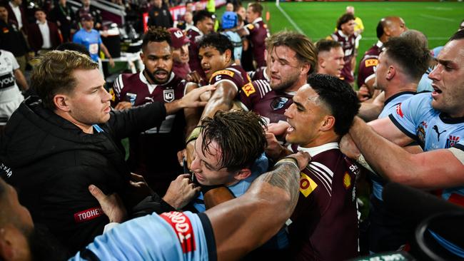 Things get heated and spill off the field in State of Origin III last year. Picture NRL Photos