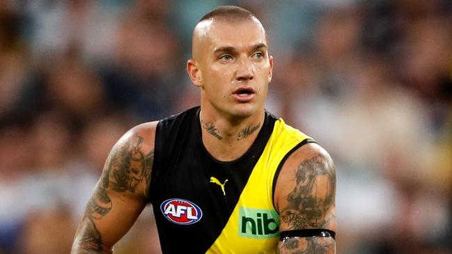 MELBOURNE, AUSTRALIA - MARCH 17: Dustin Martin of the Tigers looks on during the 2022 AFL Round 01 match between the Carlton Blues and the Richmond Tigers at the Melbourne Cricket Ground on March 17, 2022 In Melbourne, Australia. (Photo by Dylan Burns/AFL Photos via Getty Images)