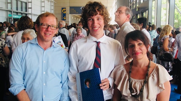 Max Chandler-Mather with his parents Tim Mather and Kim Chandler at his Brisbane State High School graduation in 2010.