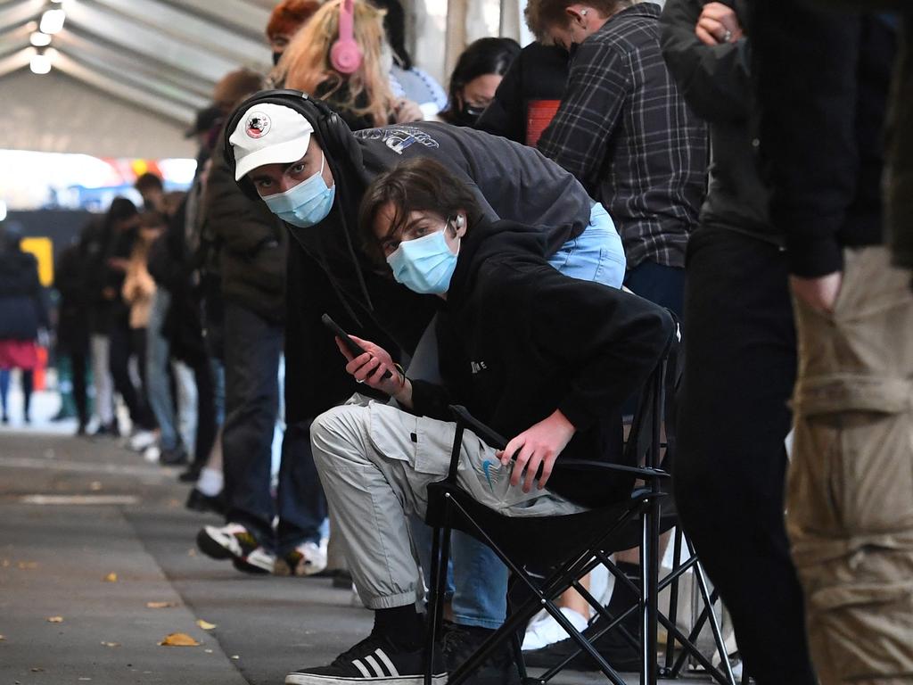 People queue for a Covid-19 test in Melbourne. Picture: William West/AFP