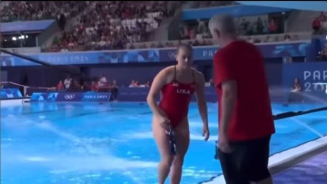 She hobbled out of the pool after injuring her feet. Picture: Channel 9