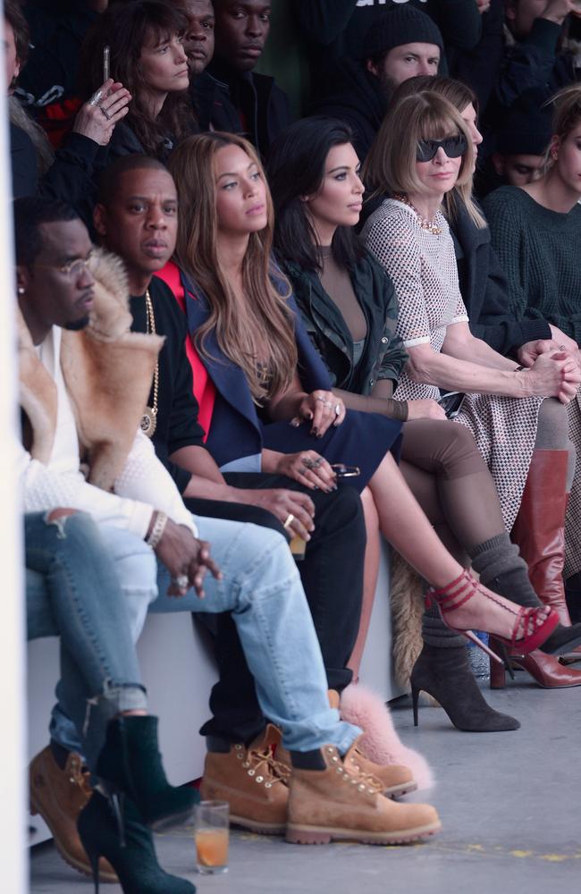 (L-R) Sean "Diddy" Combs, Jay-Z, Beyonce, Kim Kardashian, and Anna Wintour at Kanye West’s Yeezy fashion show in 2015. Picture: Getty Images