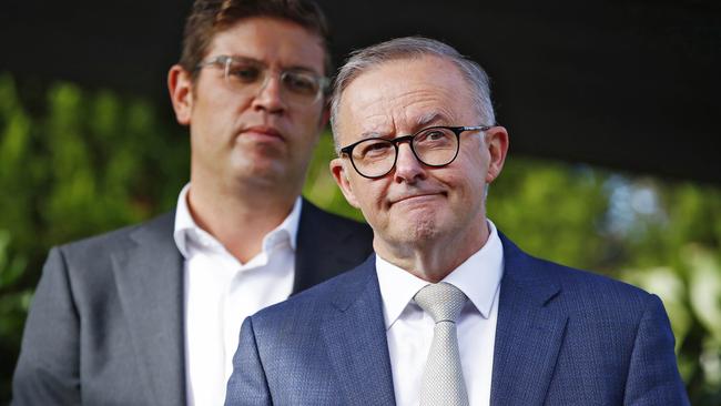 Federal Labor leader Anthony Albanese speaks to a rowdy media pack in the Sydney electorate of Bennelong, visiting kids at Goodstart Early Learning Centre, with Labor candidate Jerome Laxale on left. Picture: Sam Ruttyn