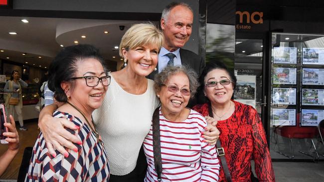 Foreign Affairs Minster Julie Bishop and Liberal candidate for Bennelong John Alexander with Eastwood shoppers. Picture: AAP/Peter Rae