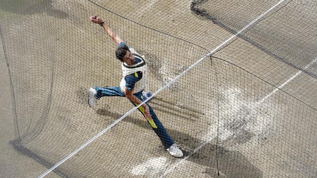 Australian paceman Mitchell Starc bowls in the nets at Old Trafford ahead of the Fourth Test. Picture: Getty Images