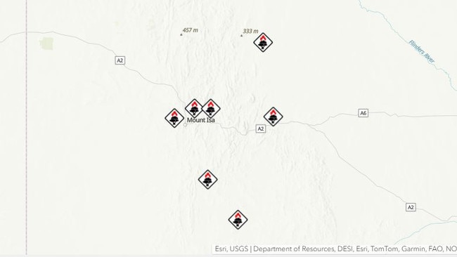 A map of all fires being monitored by the Queensland Fire Department on January 20 - including three right outside Mount Isa.